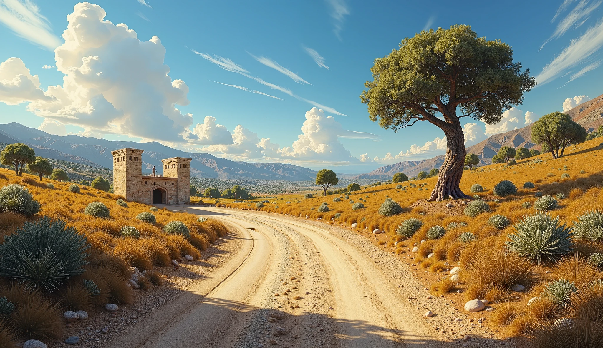 There is a dirt road going through a field with a tree - SeaArt AI