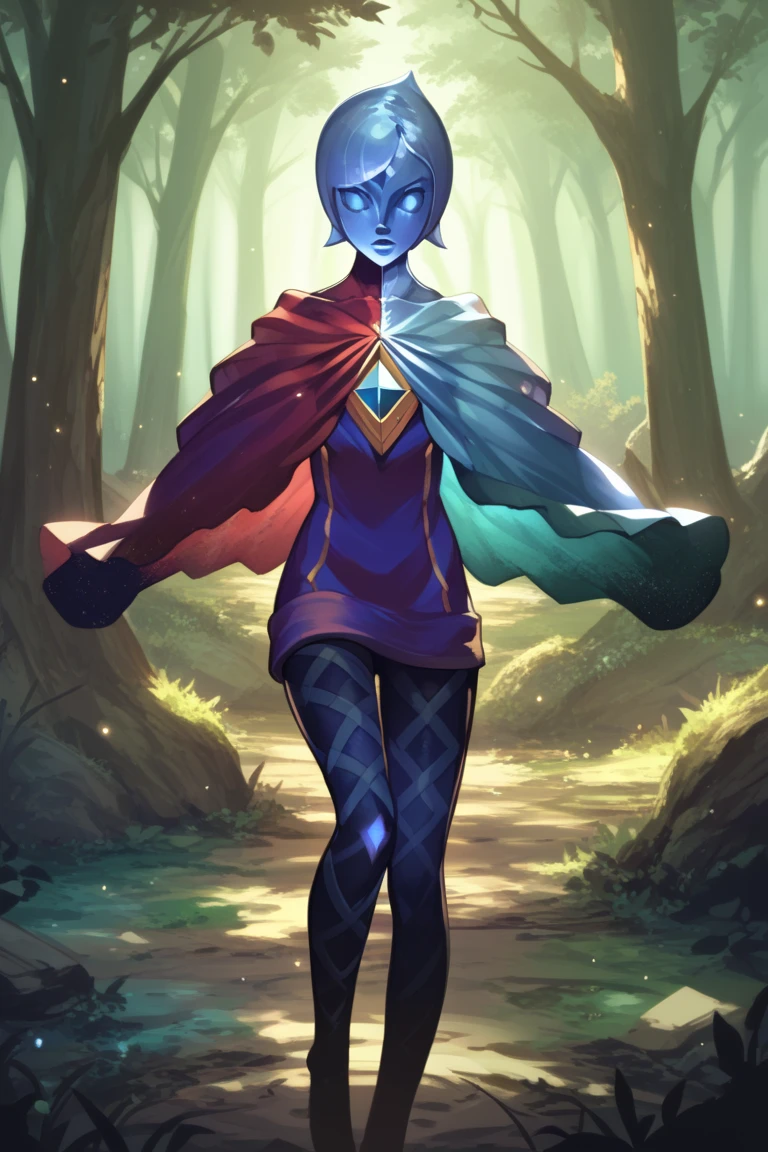 score_8_up, BREAK,  FI , 1girl, solo, short hair,  blue skin,  no eyes, pantyhose, cape,  cowboy shot, light particles, forest