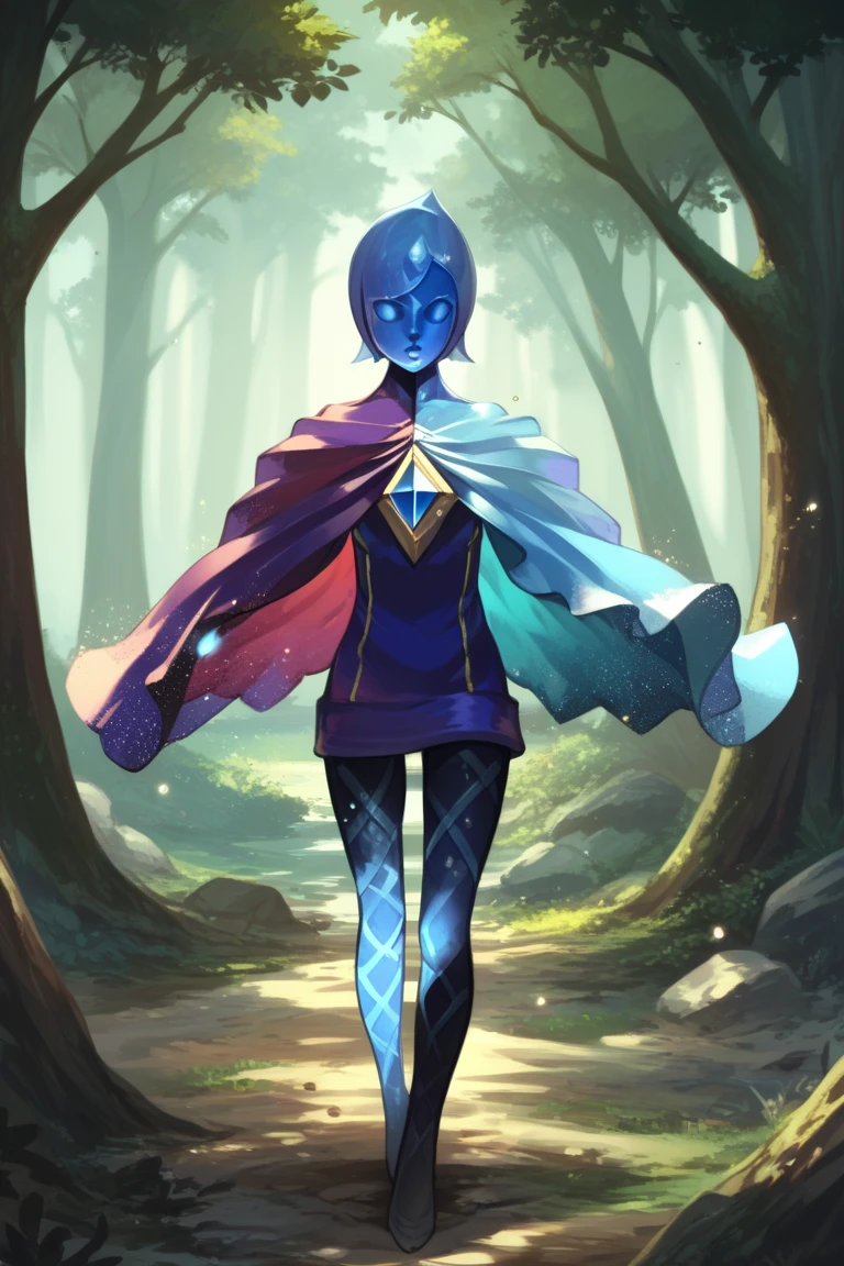 score_8_up, BREAK,  FI , 1girl, solo, short hair,  blue skin,  no eyes, pantyhose, cape,  cowboy shot, light particles, forest