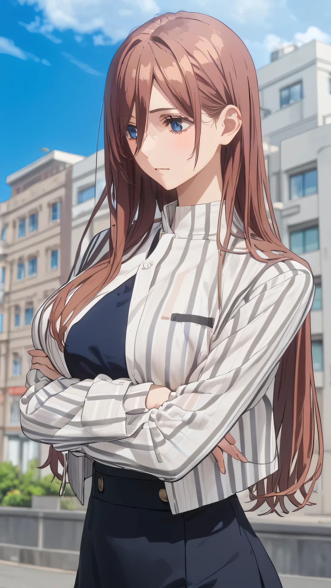 Fit girl,score_9, score_8_up, score_7_up, score_6_up,
uncensored,
1girl, miku nakano, long hair, bangs, blue eyes, brown hair, shirt, hair between eyes, huge breasts,
1girl, solo, long_hair, breasts, brown_eyes, outdoors, crossed_arms, large_breasts, jacket, sky, skirt, building, shirt, day, striped, black_skirt, long_sleeves, brown_hair, bangs, closed_mouth, arms_under_breasts, blue_sky