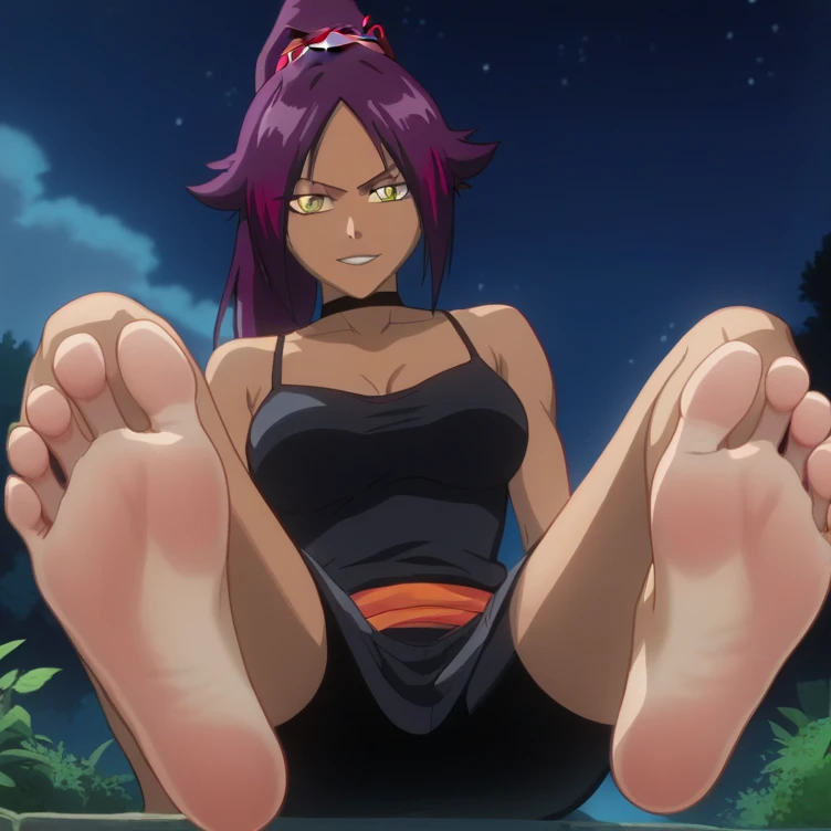 Source_anime, score_9, score_8_up, score_7_up, anime screencap, 8k, absurd res, Yoruichi Shihouin, 1girl, solo, dark purple hair, official style, barefoot, soles, from below, foot focus, night, in the meadow, sitting, looking at viewer, black camisole, black skirt, crossing legs