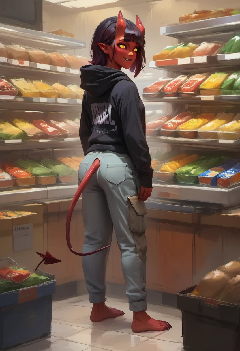 score_9, score_8_up, score_7_up, score_6_up, score_5_up, score_4_up, digital art, supermarket,  BREAK
 meru, 1girl, solo, black hoodie, cargo pants, clothes writing, inverted bob, medium hair, looking at viewer, facing away red tail, demon tail, smile, holding