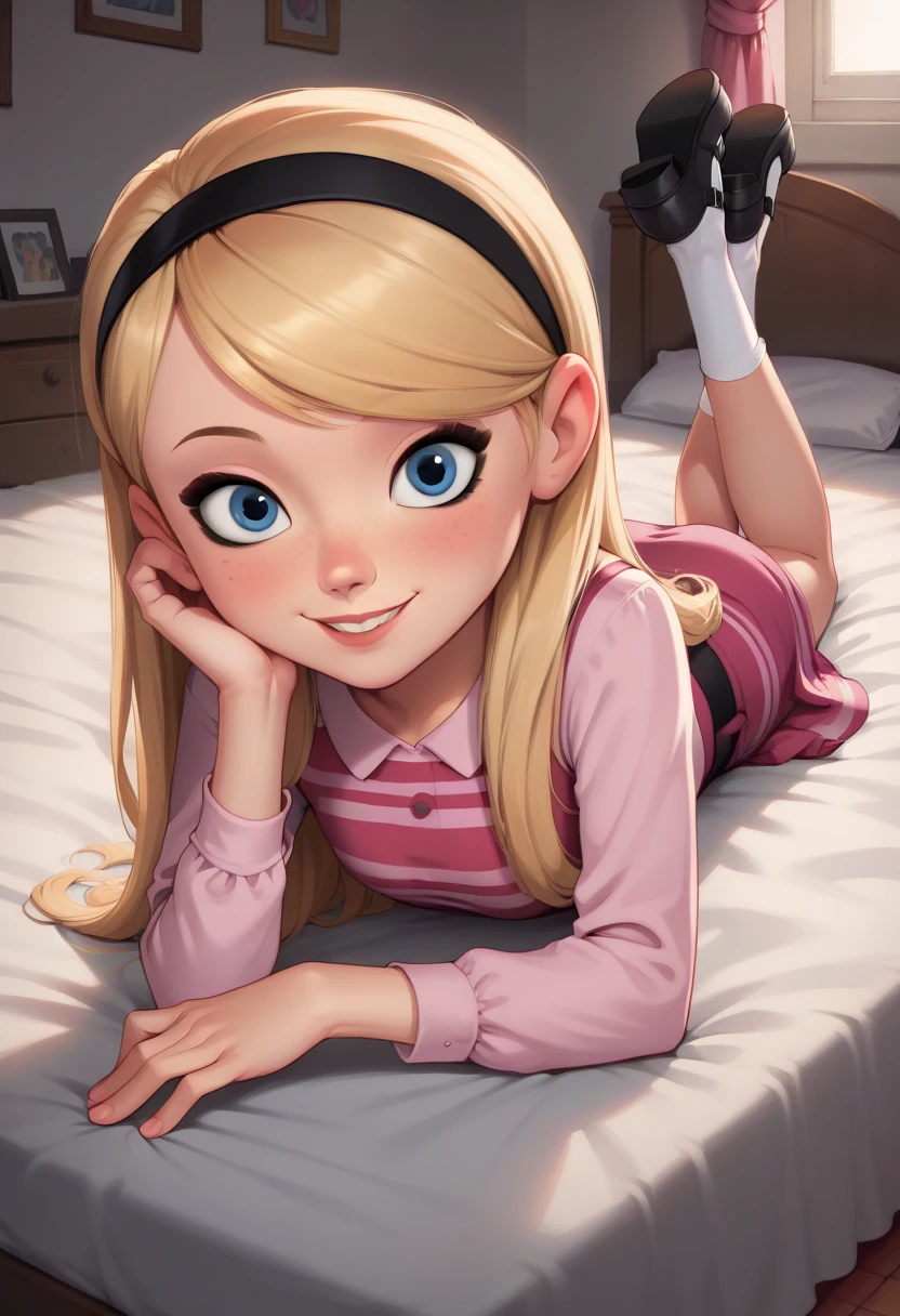 1girl, full body, solo, penny peterson, long hair, blue eyes, freckles, blonde hair, skirt, hairband, black hairband, white socks, dress, pink dress, long sleeves, mary janes, looking at viewer, light blush, smile, perky, cute smile, indoors, bed, bedroom, straight-on, lying, on stomach, showing her butt