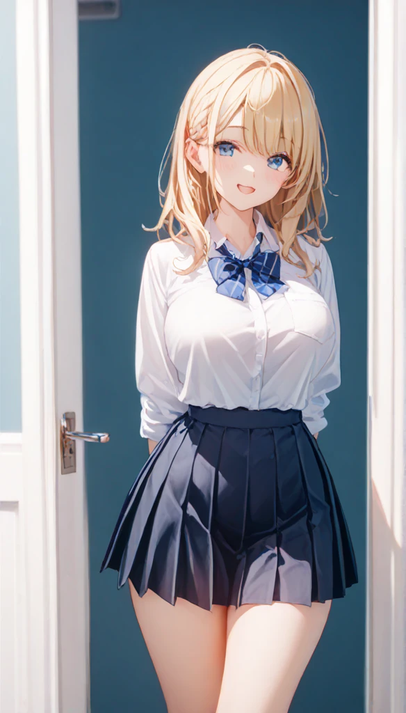"A young girl with bright blonde pigtails and striking blue eyes stands confidently. She is 18 years old, wearing a crisp white school shirt paired with a light blue pleated skirt that falls just above her knees. Her expression is a mix of determination and curiosity. The scene is styled in a vibrant anime aesthetic, perfect for a visual novel setting."