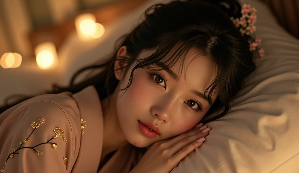 couture fashion photography, an award winning photo of a beautiful girl in nightgown, bun, lying in bed, dark lighting, (deep shadows:1.1), masterpiece, best quality, (intricate details), dreamy, magnificent, ethereal, volumetric lighting, lightroom, ((cinematic)), raytracing, subsurface scattering, face focus,