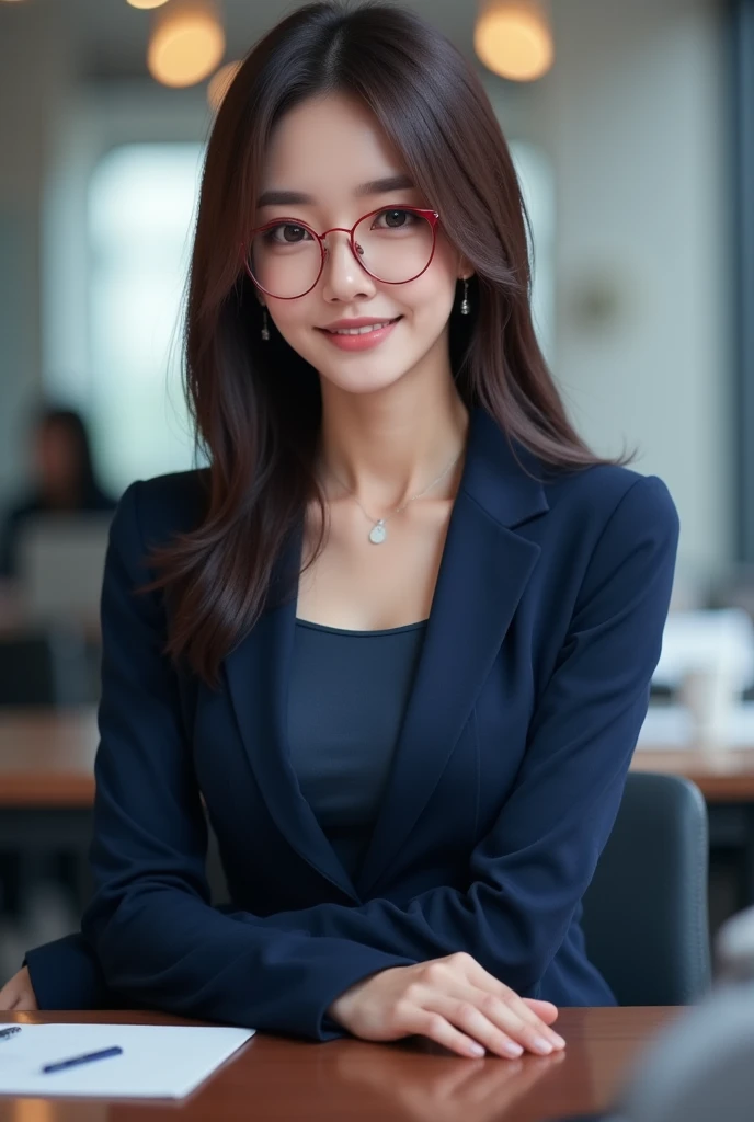 ((Ultra high quality, masterpiece, photorealistic:1.3)), 1girl, Japanese beautiful woman, office lady, wearing a navy blue suit and tight mini skirt, (red glasses:1.2), medium-length black-brown hair, sitting pose at modern office, smiling confidently, highly detailed face and skin texture, cinematic lighting, professional atmosphere
