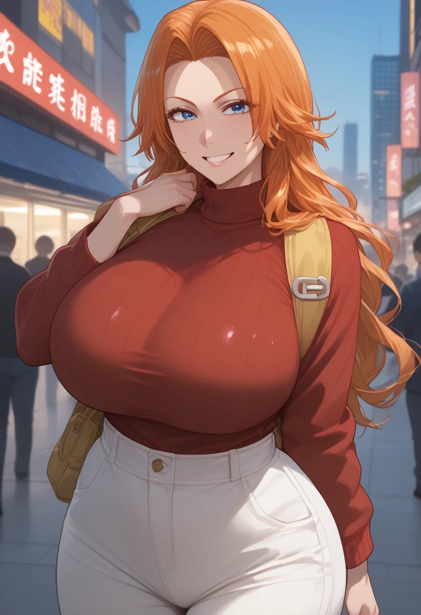 BREAK 1girl,Rangiku Matsumoto , long hair, blue eyes, orange hair, large breasts, sweat, sound effects, red sweater, turtleneck, white pants, looking at you, smile, BREAK score_9, score_8_up, score_7_up, score_6_up, source_anime BREAK (outdoor, huge crowd),city,sunset,