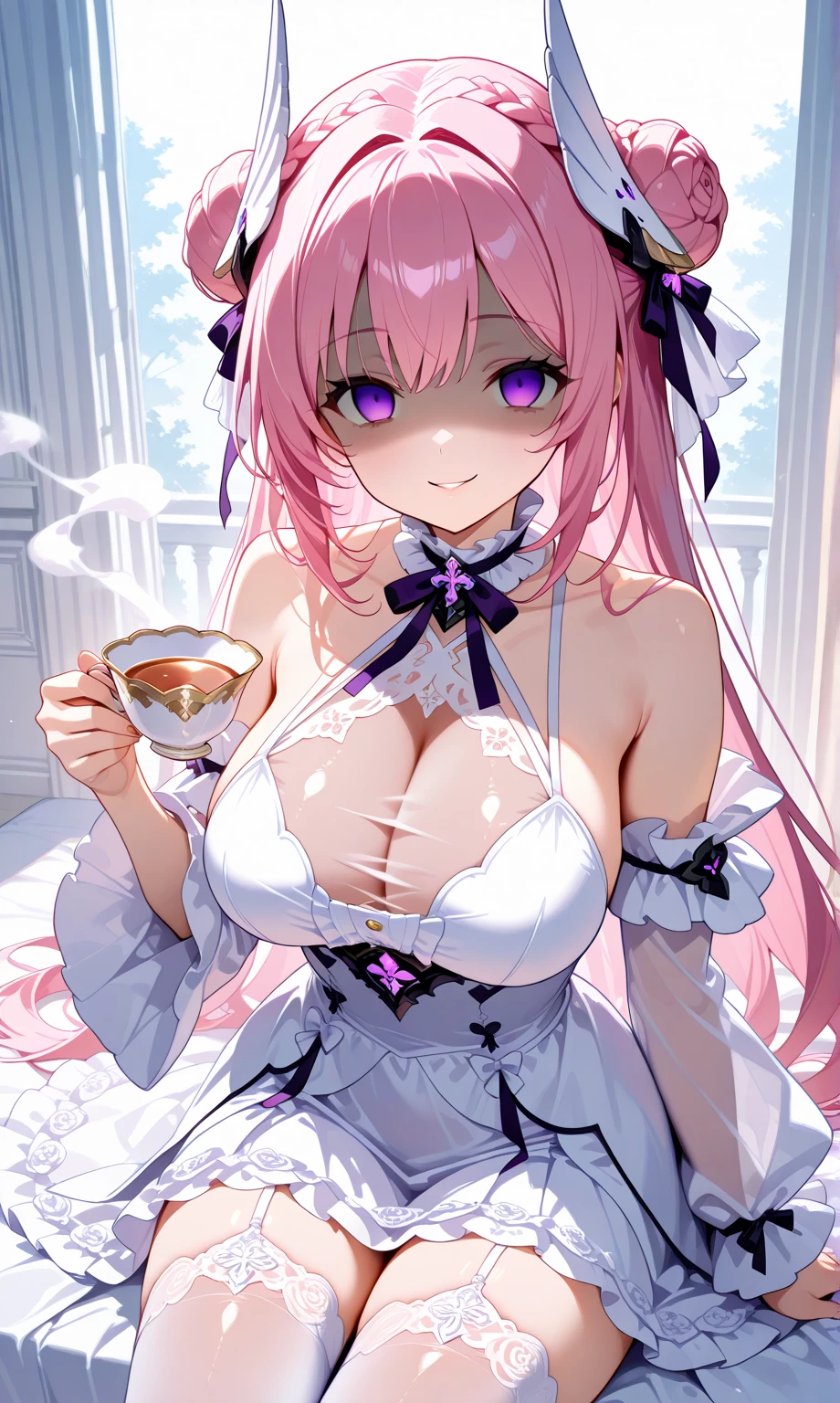 1girl,solo, dorothyalt, pink hair, long hair, hair bun, braid, purple eyes, headgear, hair ribbon, hair ornament, see-through, big breasts, white dress, frilled choker, frills, detached sleeves, thighhighs, sitting,looking at viewer,sly smile,holding object,holding tea cup, shaded face, [[negative aura]], muted color,empty eyes,smoke,aesthetic, masterpiece, high quality, 4K UHD,absurdres