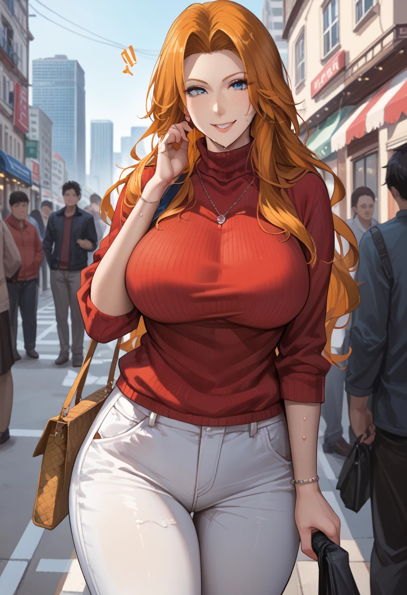 BREAK 1girl,Rangiku Matsumoto , long hair, blue eyes, orange hair, large breasts, sweat, sound effects, red sweater, turtleneck, white pants, looking at you, smile, BREAK score_9, score_8_up, score_7_up, score_6_up, source_anime BREAK (outdoor, huge crowd),city,sunset,