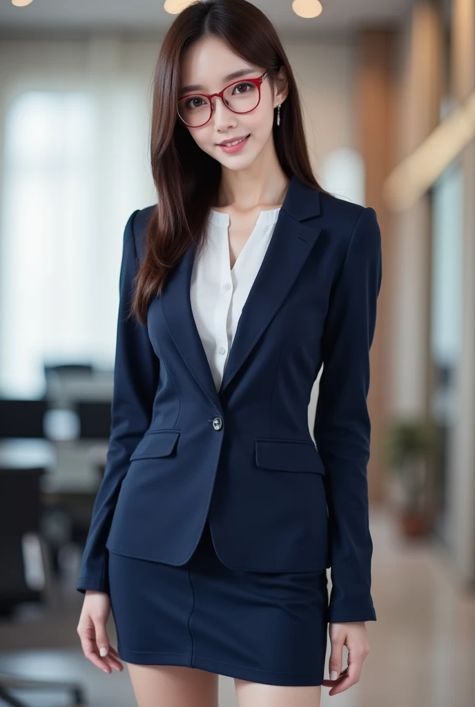 ((Ultra high quality, masterpiece, photorealistic:1.3)), 1girl, Japanese beautiful woman, wearing a navy-blue business suit, tight mini skirt, (red glasses:1.2), white blouse, standing pose, office background, soft indoor lighting, professional yet charming, highly detailed face, smooth skin, confident smile
