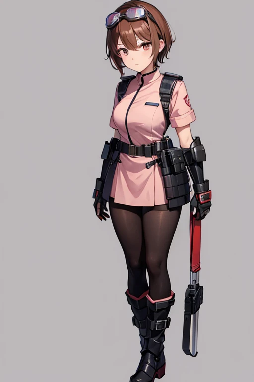  anime picture 、 full body portrait、Modern Pilots、Background blank、Female pilot standing about 175 cm tall, 28 years old, wearing a light pink nurse uniform、Wearing bulletproof goggles on his head、 wearing black tights covering the lower body 、 boots、 hairstyle is semi-long 、Brown Hair、 sharp eyesight 、Dark Eyes、Wearing a belt pouch、Wearing leather gloves、Elbow Armor、Shoulder Armor、Knee Armor