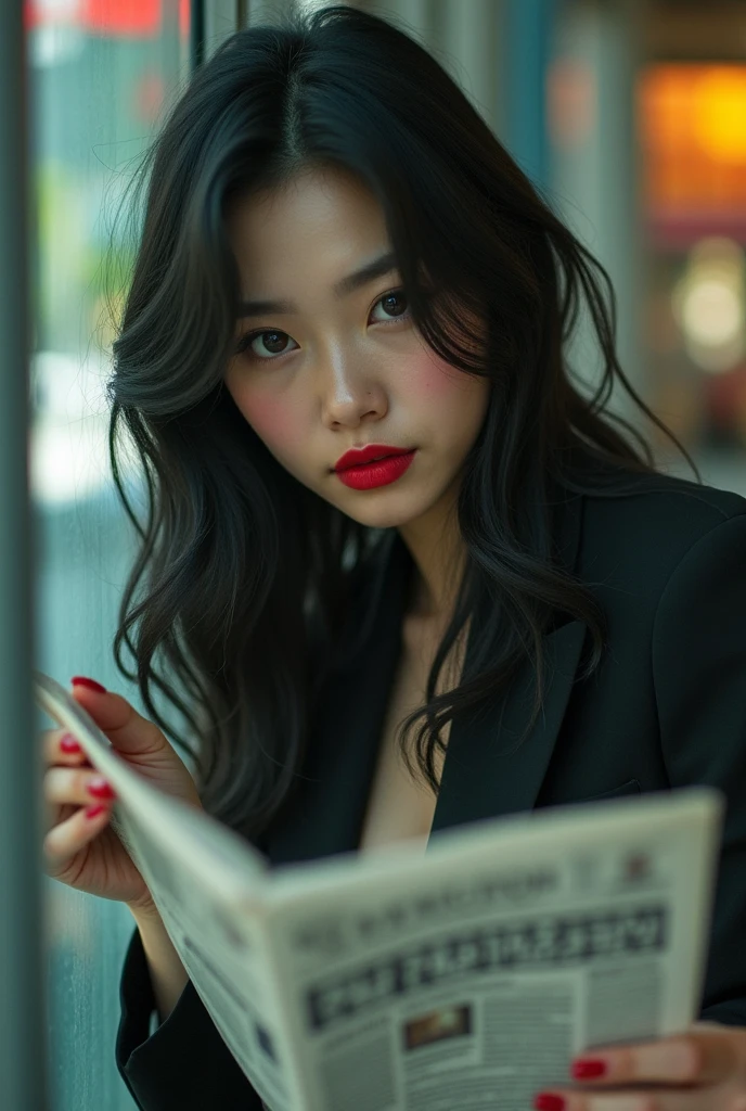 (RAW photo), absurd, (absurdresolution)), masterpiece, best quality, (Extremely detailed CG unity 8k wallpaper), (best illustration), (best shadow), Realistic lighting, beautiful detailed glow, hyperrealism, (Enigmatic woman, 25 years old)), (honey eyes, sharp pupil, real), (clean face, deep red lips), (layered hair, straight, black, shiny), (suit, light black stockings), ((leaning on fire hydrant, reading newspaper)), glass wall, (from below, photographic perspective). «SunPuma S»