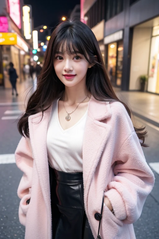 Realistic body type , cute face、 Sparkling Hair、 slender , ,smooth jawline , Glossy face, small face 、 Brown Eyes 、 Brown Eyes 、 for her pretty eyes 、Pink lipstick、 small face 、 1 girl, High image quality , Long Hair, bangs, review, Namida bag 、double、Droopy eyes、 、 eyelash 、 A goddess-like face、 facial beauty 、 Teal Eyelids、 Brown Skin 、 realistic face、 MODEL BODY TYPE 、24 years old、167 cm 、 pink cute coat 、 black leather skirt、 Necklaces 、 handbag 、8K images、 Big smile、 eyeshadow、cheek、 At night、 skyscraper towering in front of the floor、Vibrant street、
