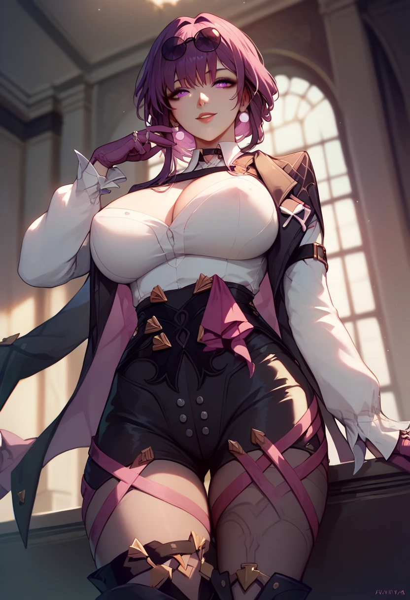 One Girl,Kafka, Purple eyes, Purple Hair, bangs, Side Lock, Please put your glasses on your head, earring, open White shirt, nipple, collared shirt, Long sleeve black jacket, Jacket on shoulders, Harness, Large Breasts, Purple gloves, black shorts, High Waist Shorts, Purple thigh straps, Pantyhose Single Thigh High Boots, openlegs, Black choker, ring, Expose your shoulders, pearl earring, Armband,masterpiece Anatomically correct, 8k,(background,Inside the hotel ,Light shines in), Composition looking up from below, Captivating smile, Close-up, look at viewer