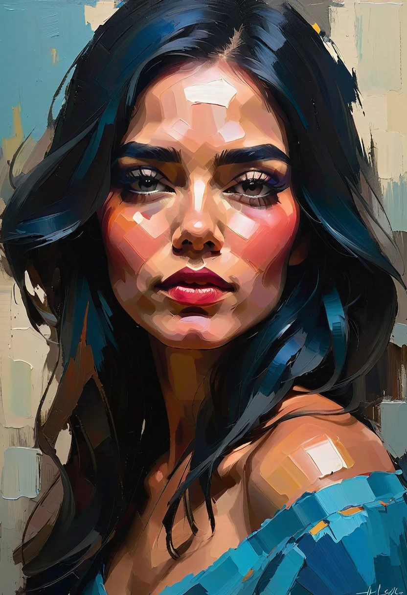 Create a contemporary portrait of a Mexican woman in the expressive and painterly style of Malcolm Liepke, ((speed painting))+++ palette knife painting, painted in impressionist style, brushstroke painting technique, large strokes, bright blue, very dark gray, and light grayish blue.