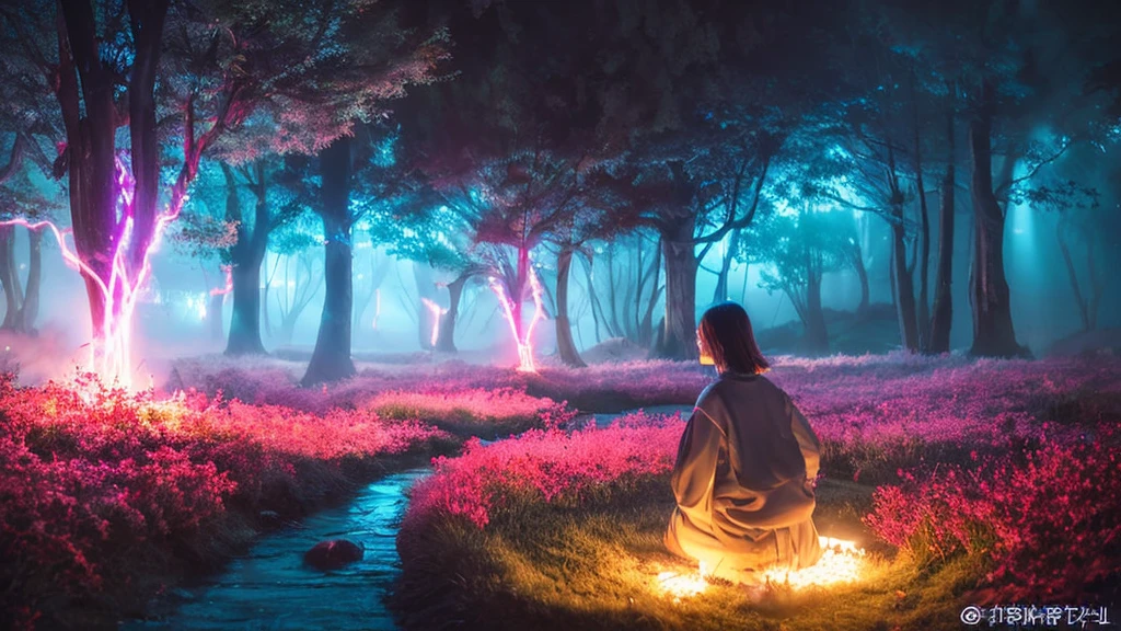 A realistic album cover for a Japanese trance music album titled 'Path of Breath' (respiratory tract). The design features a serene natural landscape, with a river flowing through a misty forest. The scene is subtly illuminated by glowing energy and flames, creating an ethereal, otherworldly effect. In the center, a human figure meditates on a stone, surrounded by swirling energy to symbolize the power of breath. The colors are soft and atmospheric, with hues of blue, red, and white blending naturally into the scene. The title is elegantly displayed in both Japanese calligraphy and modern English text at the top of the image