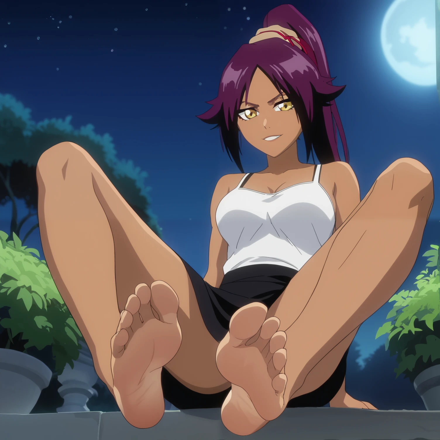 Source_anime, score_9, score_8_up, score_7_up, anime screencap, 8k, absurd res, Yoruichi Shihouin, 1girl, solo, dark purple hair, official style, barefoot, soles, from below, foot focus, night, in the garden, sitting, looking at viewer, black camisole, black skirt, crossing legs