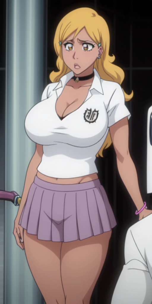 Orihime Inoue,Bleach artstyle,Big breast,Enchanted big breast,Thick lips,Circle piercing in lips,((((White shirt school uniform)))),Cleavage,(((short gray skirt)))Curvy figure,Plump,Hoopa bracelet,Long nail,Side burn visible,look at viewer,(((yellow blond color hair))),((head facing front)),High quality,Highres,Humongous big breast,visible ear,Big cleavage,light blush,((blue Stud earring)),((A lot of piercing)),((black Chocker)),Hyper Detail,((dark colored Skin)),((tanned Gyaru)),Crossing arm,Messy hair,Detailed lips,Colorless lips,puckered lips,unbuttoned collar shirt,mono color hair,((long wavy curly hair)),See throught leopard print bra,Half eyes open,Solo,1girl,light blush,Glossy lips,((symetrical blunt bang hair)),flirty,Enchanted big breast,