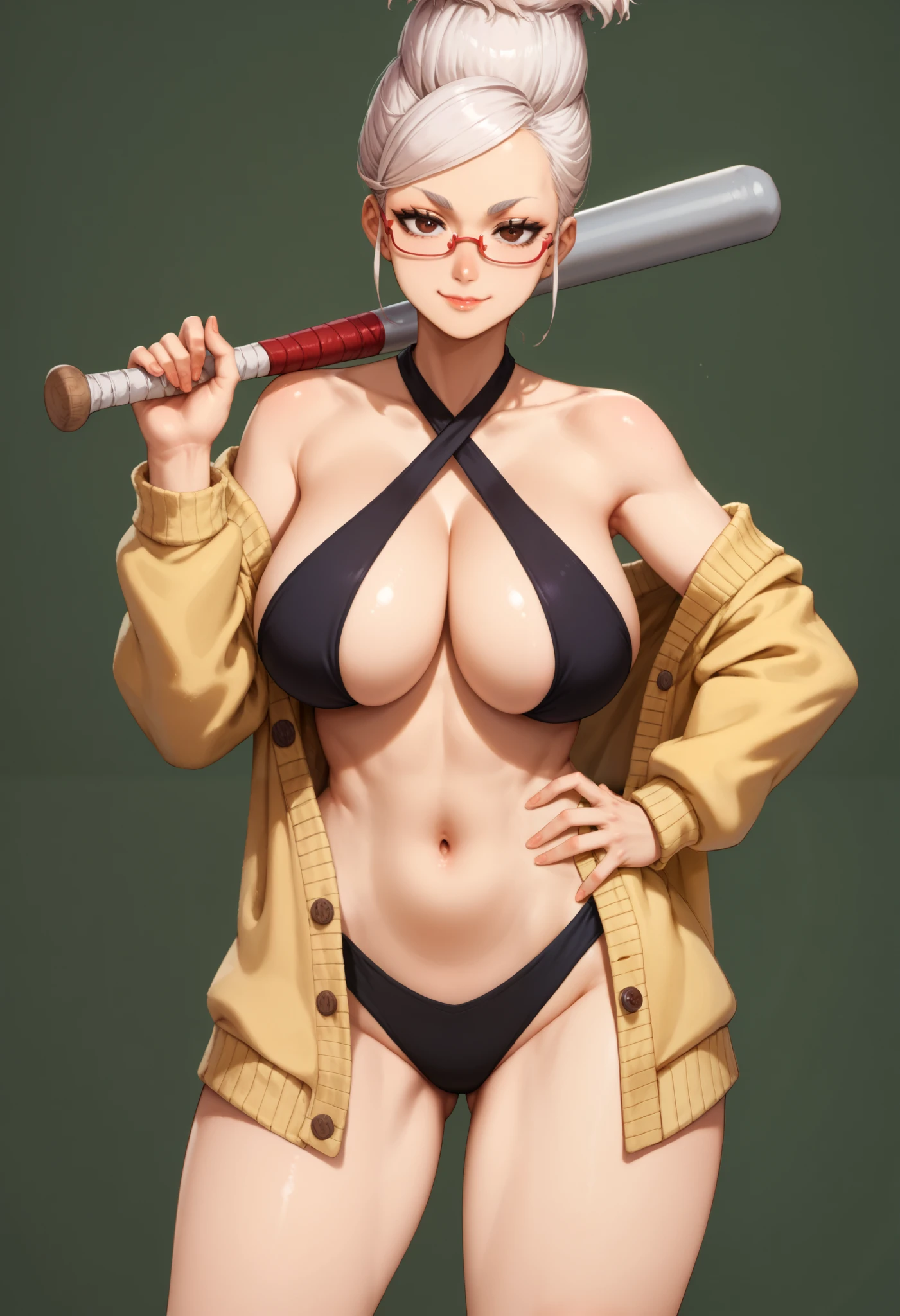 score_9,score_8_up,score_7_up, seiko ayase,1girl, armpit crease,criss-cross halter,  bare shoulders, baseball bat, beehive hairdo, black swimsuit, breasts, brown eyes, cardigan, cleavage, collarbone, glasses, hand on own hip, holding, holding baseball bat, large breasts, long hair, looking at viewer, mature female, metal baseball bat, navel, off shoulder,, red-framed eyewear, semi-rimless eyewear, simple background, smile, solo, swimsuit, tall hair, thighs, white hair, yellow cardigan