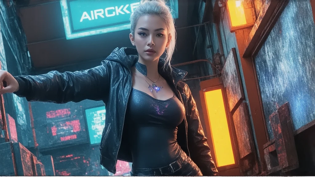 Modern simulation,Anime-style environment wide-angle shot,Nightly chaotic arcade shots; A woman in street clothes;Sci-fi. 3D. Environmental arcade art.,cyber punk perssonage,Firearms