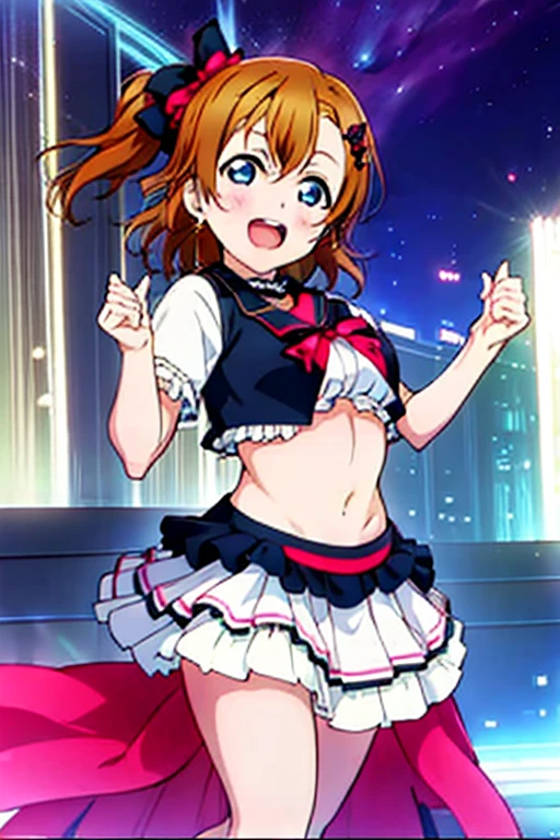 (((Pixel perfect, perfect detail))), (((Underskirt angle view, panties visible,))), solo, solo girl, Kosaka Honoka, (costume Color White&Red: 1.0), (gothic lolita fashion: 1.0), viewer's point of view, embarrassed face, μ's, Love Live! stage, singing, (tuck skirt: 1.3), (white panties: 1.3), (panties with ribbon), (ruffled panties: 1.3), (fullback panties: 1.3), (low angle), blue eyes, orange hair, one side up hair, short hair, (spread legs: 1.0)