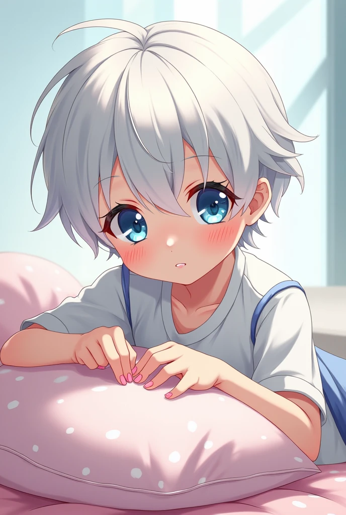 Cute short 8 year old boy with a cute smile of pleasure he is wearing cute socks he has blue eyes and white hair