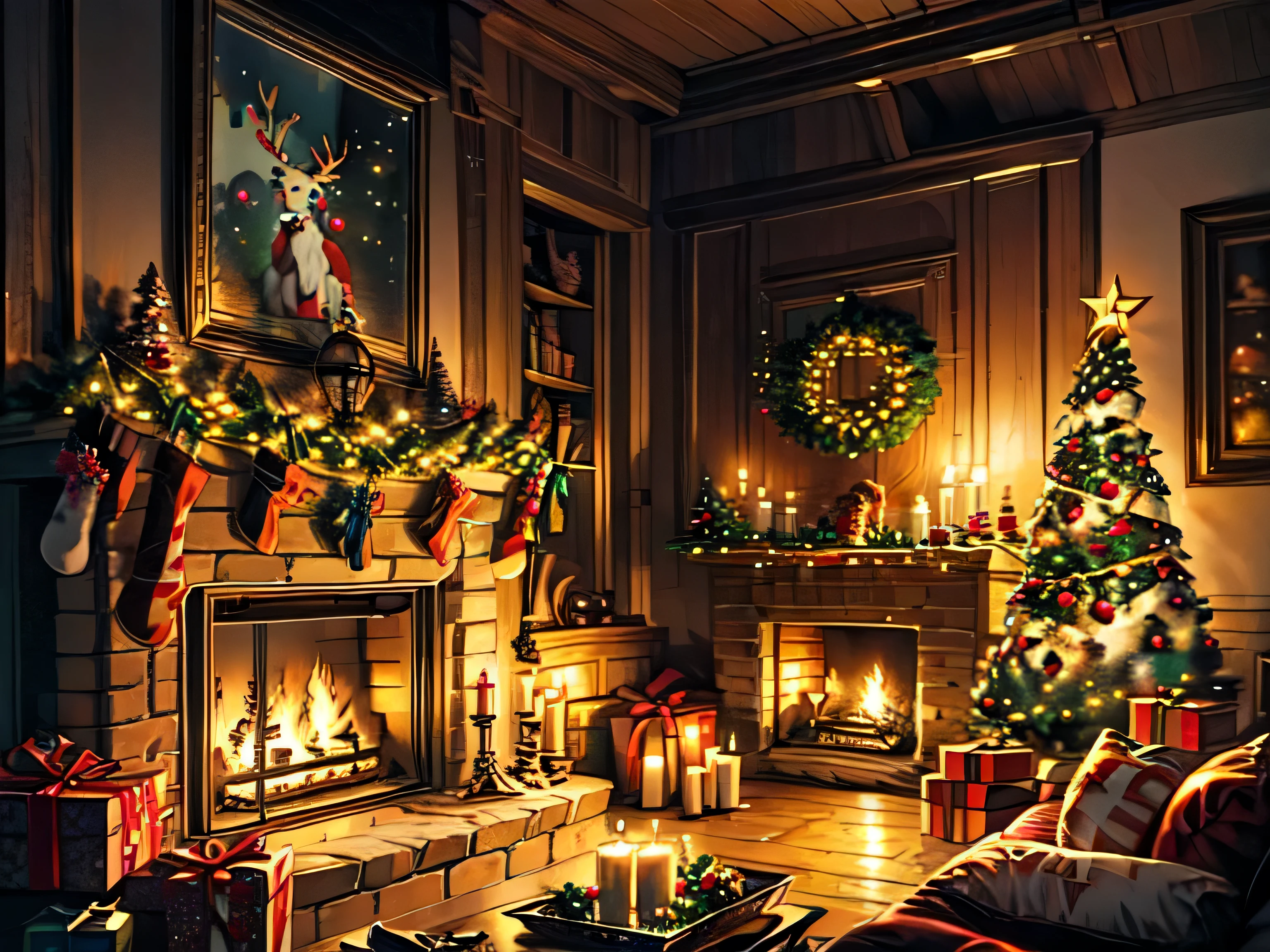 ( best quality, high definition :1.2),Realistic, cozy living room,Christmas Theme ,HOLIDAY DECORATION , beautifully decorated Christmas tree , fireplace crackling from the fireplace ,  has a warm and charming vibe , flashing lights and ornaments ,happy and joyful atmosphere,  bright and vibrant color  ,Soft and comfortable furniture , freshly baked The Delicious Smell of Cookies and Hot Cocoa , carefully wrapped gifts placed under the tree ,Glittering decorations, Detailed Christmas Stocking Hanging Over the Fireplace, Santa Claus figurines and reindeer ornaments , sparkling candle lights , fun Christmas music playing in the background ,  The Last Night,Peaceful and quiet atmosphere .