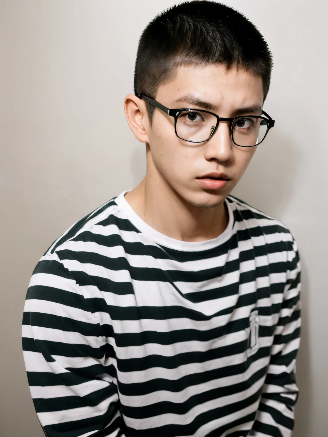 A teenager standing with a lightning scar on his head wearing round glasses, Messy black hair, a brown jacket, white shirt with black pants and classic black shoes