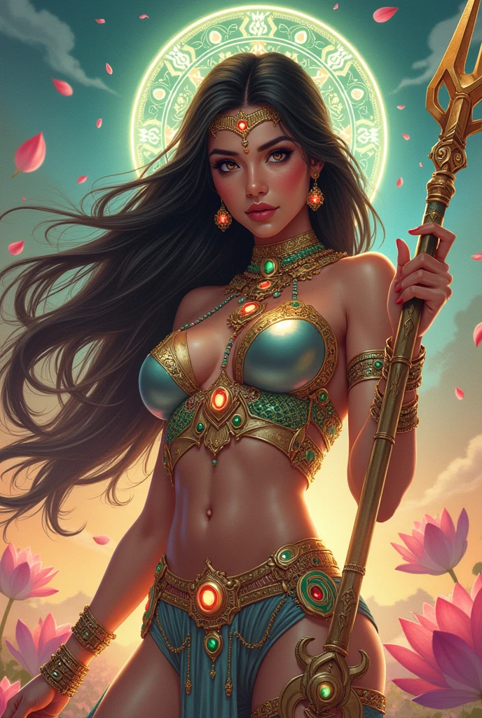 full body view, topless, , oil painting style, spaceship interior, beautiful busty nude Mongolian woman, tattoo, ruby jewelry, black feather headdress, detailed face, detailed eyes, detailed lips, extremely detailed, intricate details, cinematic lighting, dramatic shadows, vivid colors, photorealistic, 8k, high quality, masterpiece, digital art