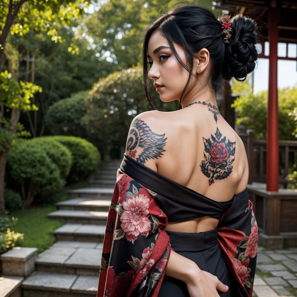 masterpiece, top quality, best quality, official art, beautiful and aesthetic:1.2), 1 European girl, tattoo, solo, japanese clothes, red and black kimono, hair ornament, unsheathing, black hair, sheath, back tattoo, dragon tattoo, blue eyes, off shoulder, bare shoulders, looking back, from behind, flower, looking at viewer, holding, makeup, outdoor,