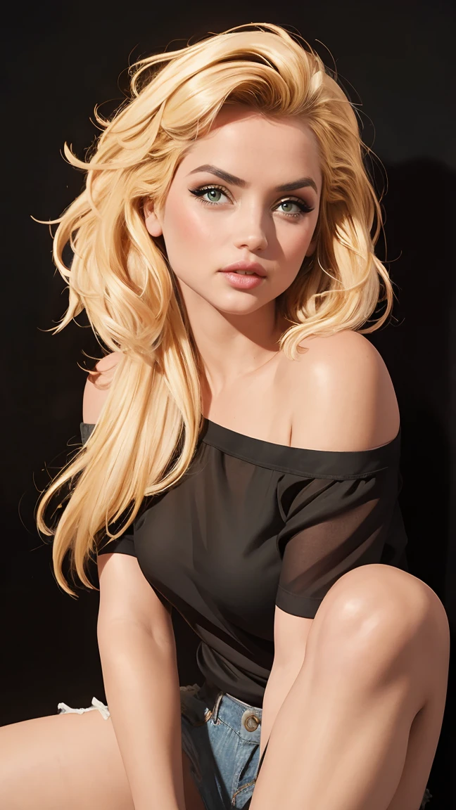 Fashion photo of a sexy woman, black off-shoulder shirt and jeans, short blonde hair, messy blonde hair, skin texture, dramatic shadows and lighting, digital painting, illustration, (masterpiece, best quality:1.2), high details, UHD, (black background:1.5)