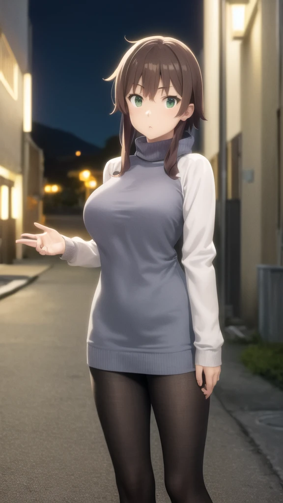 masterpiece, best quality, highres, Kazuma Satou, girl, Brown hair, Green Eyes, large breasts, sweater dress, long sleeves, turtleneck, outdoors, street, standing, cowboy shot, night