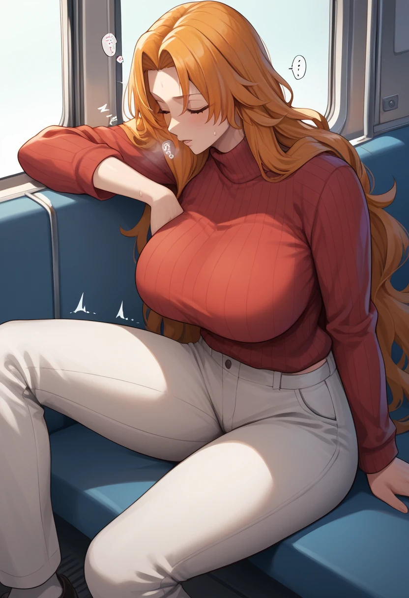 BREAK 1girl,Rangiku Matsumoto , long hair, blue eyes, orange hair, large breasts, sweat, sound effects, red sweater, turtleneck, white pants, sleeping on a train seat from front, BREAK score_9, score_8_up, score_7_up, score_6_up, source_anime, BREAK In a crowded train, 