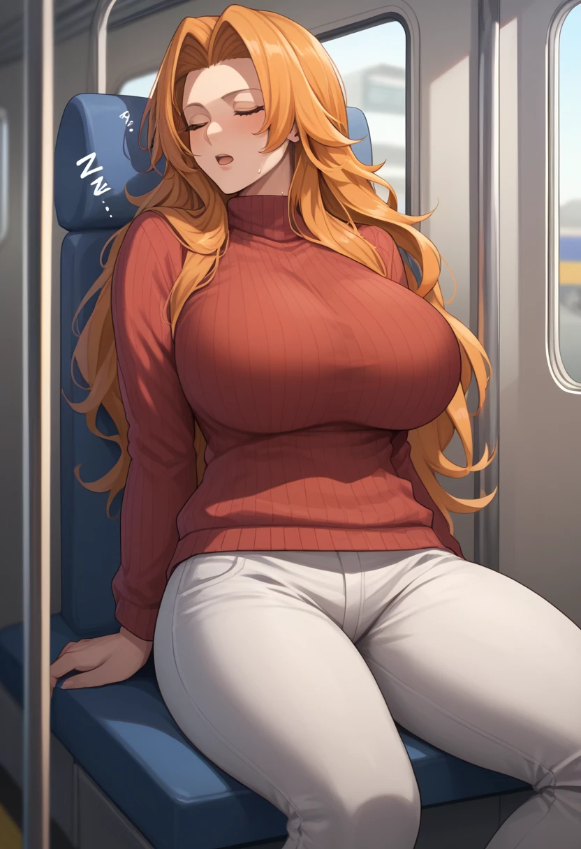 BREAK 1girl,Rangiku Matsumoto , long hair, blue eyes, orange hair, large breasts, sweat, sound effects, red sweater, turtleneck, white pants, sleeping on a train seat from front, BREAK score_9, score_8_up, score_7_up, score_6_up, source_anime, BREAK In a crowded train, 