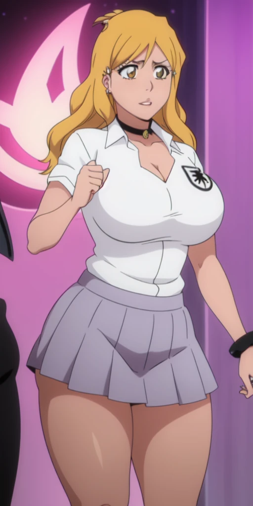 Orihime Inoue,Bleach artstyle,Big breast,Enchanted big breast,Thick lips,Circle piercing in lips,((((White shirt school uniform)))),Cleavage,(((short gray skirt)))Curvy figure,Plump,Hoopa bracelet,Long nail,Side burn visible,look at viewer,(((yellow blond color hair))),((head facing front)),High quality,Highres,Humongous big breast,visible ear,Big cleavage,light blush,((blue Stud earring)),((A lot of piercing)),((black Chocker)),Hyper Detail,((dark colored Skin)),((tanned Gyaru)),Crossing arm,Messy hair,Detailed lips,Colorless lips,puckered lips,unbuttoned collar shirt,mono color hair,((long wavy curly hair)),See throught leopard print bra,Half eyes open,Solo,1girl,light blush,Glossy lips,(((fringe bang hair))),flirty,Enchanted big breast,smug smile,squeeze to show off cleavage