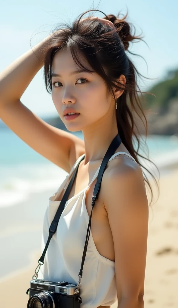 A sun-kissed young japanese woman poses with confidence, her hand on ...