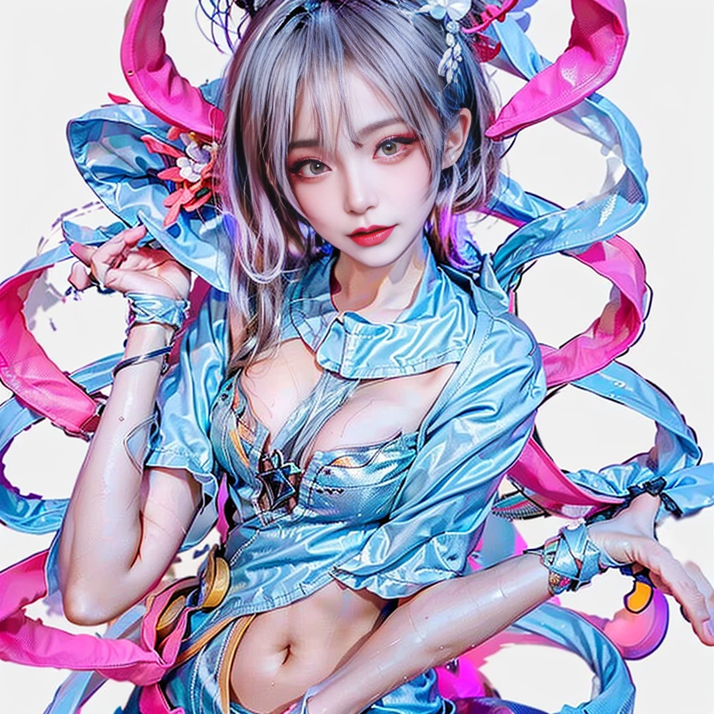 white  hair、long fluttering hair、strong breeze、a purple eye、Luminous Eyes、Mollusk girl、Colossal tits、The face and chest are alive、Cleavage is visible。photoRealstic、portfolio、Biotech Cyborg、Gothloli details、Tentacles clinging to the body、tentaculata、Detailed biocomponents、Bundle of thin tubes、sea anemones、Nudibranch、Luminous tube、Detailed neon、Fine LED、Fine parts