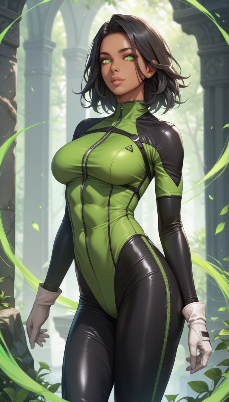 Buttercup from Powerpuff Girls as a Violent Mature Themed Action Anime, short black hair:1.4 bloody battle damage and wear, bleeding wounds and torn clothes:1.2, perky breasts and big ass, green outfit with black accents:1.2, nsfw