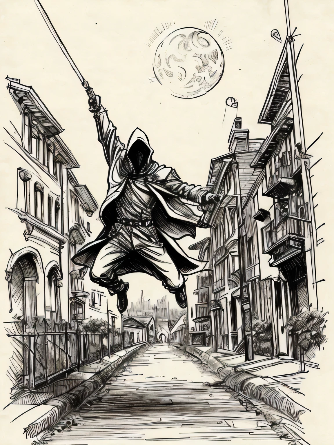 (davincisketch),jumping flying Wandering nazgul, night, streets, sewers, moonlit, illuminated, (manga style), (sketch), (illutration)