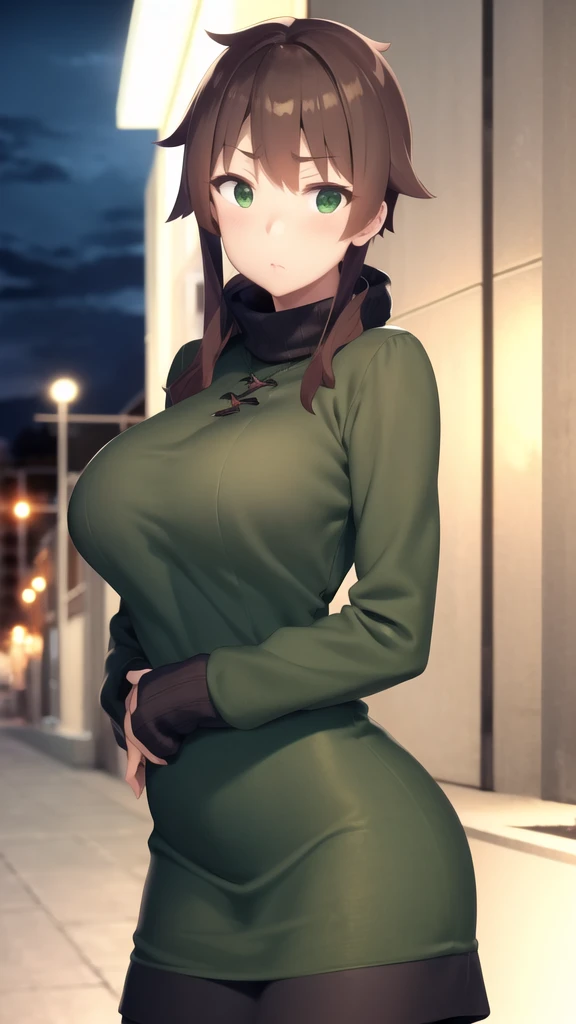 masterpiece, best quality, highres, Kazuma Satou, girl, Brown hair, Green Eyes, large breasts, sweater dress, long sleeves, turtleneck, outdoors, street, standing, cowboy shot, night