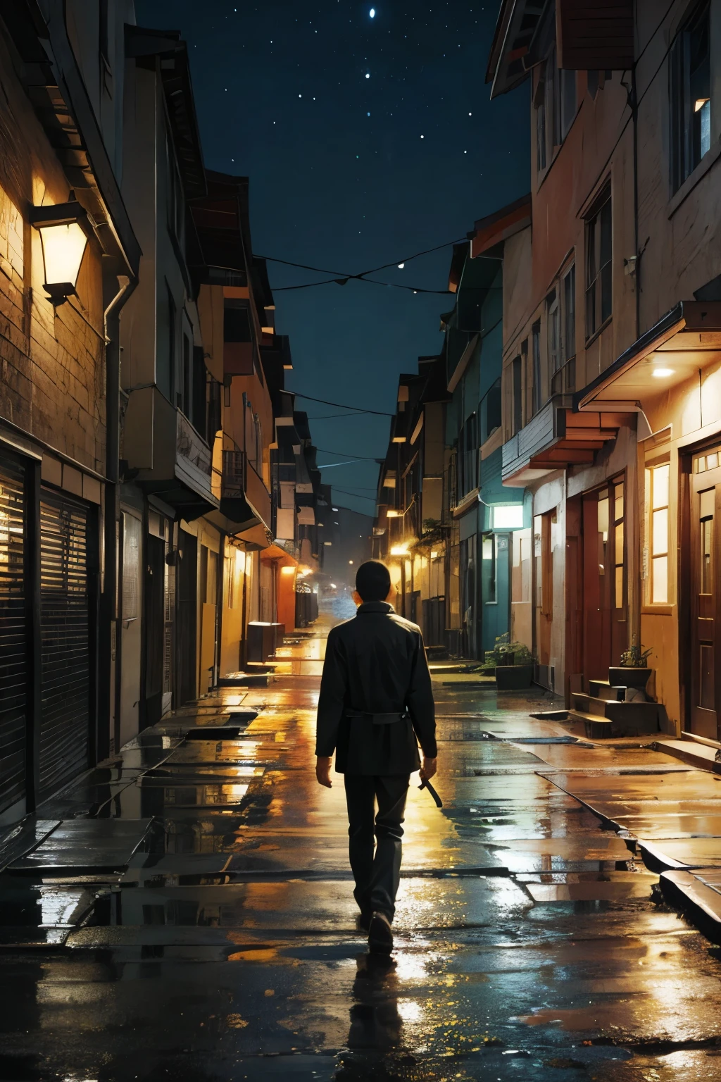 A man walks down an abandoned street at night, Old houses, abandonment, "early last century ". Painting on canvas, few houses