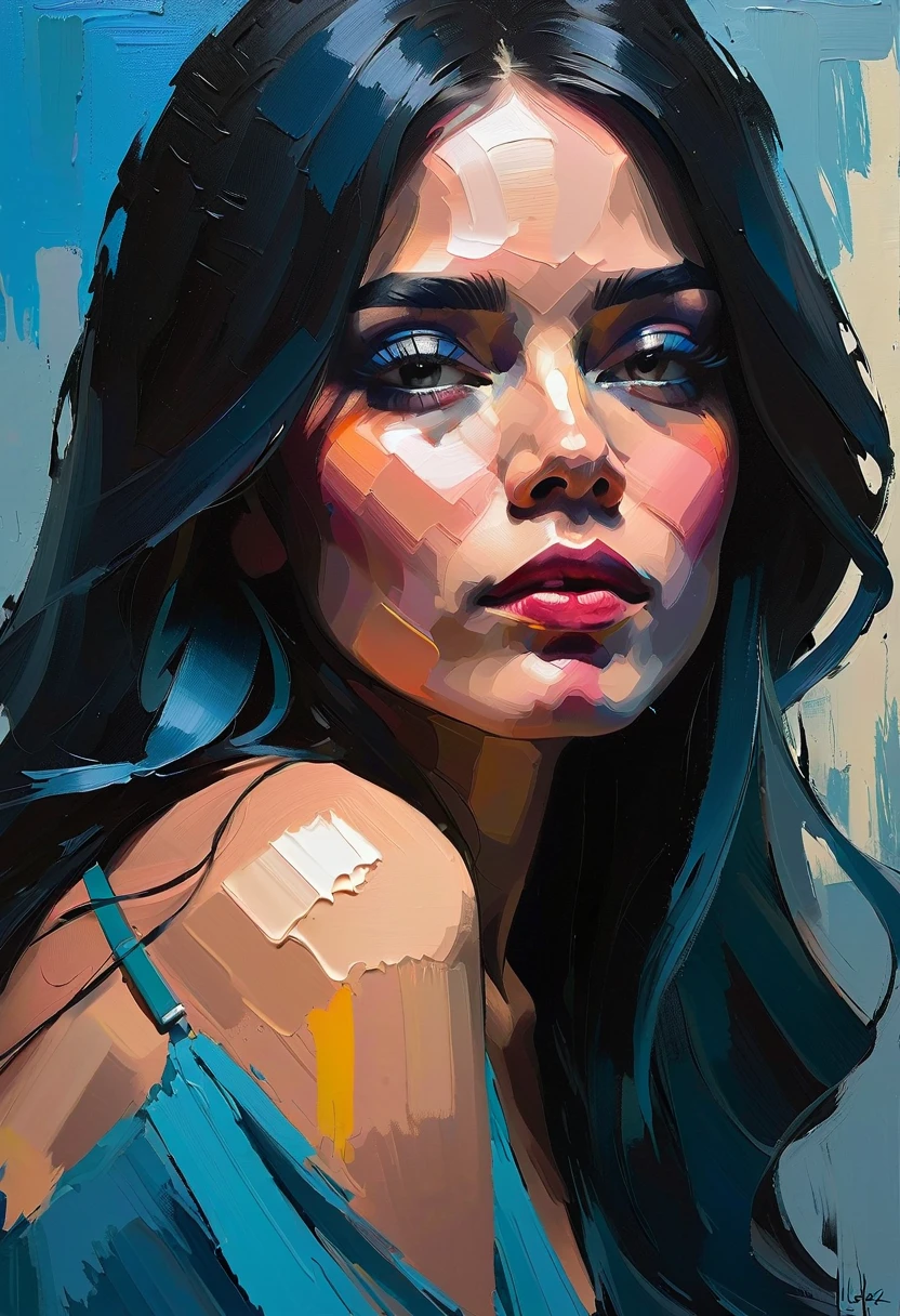 Create a contemporary portrait of a Mexican woman in the expressive and painterly style of Malcolm Liepke, ((speed painting))+++ palette knife painting, painted in impressionist style, brushstroke painting technique, large strokes, bright blue, very dark gray, and light grayish blue.