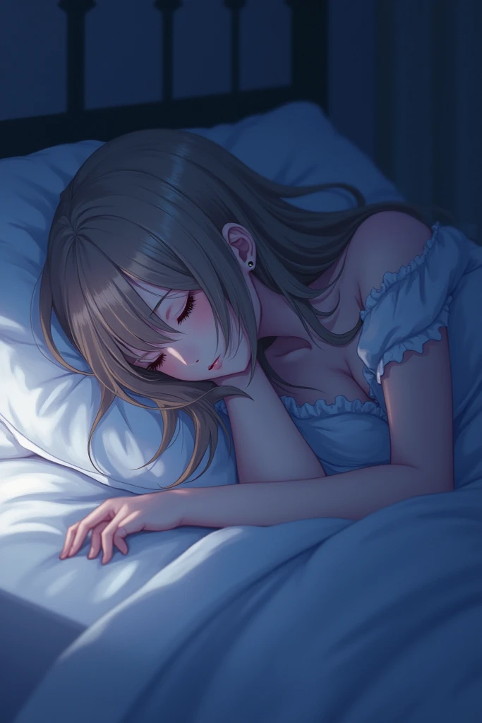 (Highest quality),Woman sleeping on a pillow,I'm tired and exhausted,Large windows,Night Sky, star, full moon