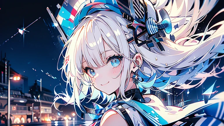 white hair and light blue hair, ahoge, shiny hair, floating hair, half updo, sailor hat, mole under eye, mismatched pupils, light smile, smile, anime, anime style, character chart, tachi-e, from above, UHD, retina, masterpiece, accurate, anatomically correct, super detail, high details, high quality, award winning, best quality, highres, 1080P, 16k,sailor hat is a hat worn by sailors. Also, a 's hat that imitates this. The top is flat and has no eaves, with a ribbon wrapped around the edge and the end hanging behind.She wears clothes called sailor uniforms, which are tops with distinctively shaped large collars called sailor collars. It is a military uniform for sailors and is used by the navies of various countries.she is on a large warship called a battleship, which has great offensive and defensive power.