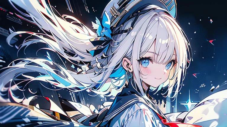 white hair and light blue hair, ahoge, shiny hair, floating hair, half updo, sailor hat, mole under eye, mismatched pupils, light smile, smile, anime, anime style, character chart, tachi-e, from above, UHD, retina, masterpiece, accurate, anatomically correct, super detail, high details, high quality, award winning, best quality, highres, 1080P, 16k,sailor hat is a hat worn by sailors. Also, a 's hat that imitates this. The top is flat and has no eaves, with a ribbon wrapped around the edge and the end hanging behind.She wears clothes called sailor uniforms, which are tops with distinctively shaped large collars called sailor collars. It is a military uniform for sailors and is used by the navies of various countries.she is on a large warship called a battleship, which has great offensive and defensive power.