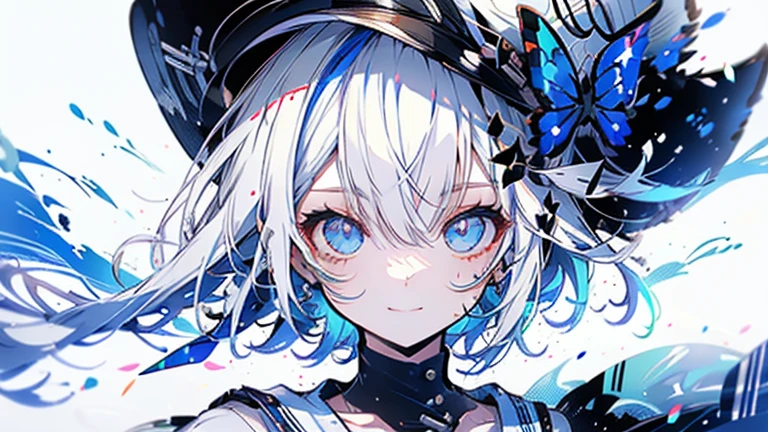 white hair and light blue hair, ahoge, shiny hair, floating hair, half updo, sailor hat, mole under eye, mismatched pupils, light smile, smile, anime, anime style, character chart, tachi-e, from above, UHD, retina, masterpiece, accurate, anatomically correct, super detail, high details, high quality, award winning, best quality, highres, 1080P, 16k,sailor hat is a hat worn by sailors. Also, a 's hat that imitates this. The top is flat and has no eaves, with a ribbon wrapped around the edge and the end hanging behind.She wears clothes called sailor uniforms, which are tops with distinctively shaped large collars called sailor collars. It is a military uniform for sailors and is used by the navies of various countries.she is on a large warship called a battleship, which has great offensive and defensive power.