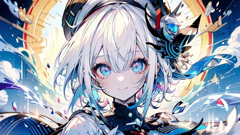 white hair and light blue hair, ahoge, shiny hair, floating hair, half updo, sailor hat, mole under eye, mismatched pupils, light smile, smile, anime, anime style, character chart, tachi-e, from above, UHD, retina, masterpiece, accurate, anatomically correct, super detail, high details, high quality, award winning, best quality, highres, 1080P, 16k,sailor hat is a hat worn by sailors. Also, a 's hat that imitates this. The top is flat and has no eaves, with a ribbon wrapped around the edge and the end hanging behind.She wears clothes called sailor uniforms, which are tops with distinctively shaped large collars called sailor collars. It is a military uniform for sailors and is used by the navies of various countries.she is on a large warship called a battleship, which has great offensive and defensive power.