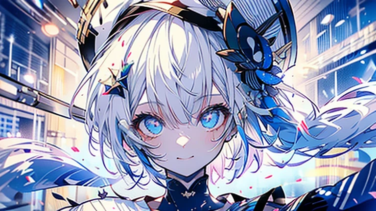 white hair and light blue hair, ahoge, shiny hair, floating hair, half updo, sailor hat, mole under eye, mismatched pupils, light smile, smile, anime, anime style, character chart, tachi-e, from above, UHD, retina, masterpiece, accurate, anatomically correct, super detail, high details, high quality, award winning, best quality, highres, 1080P, 16k,sailor hat is a hat worn by sailors. Also, a 's hat that imitates this. The top is flat and has no eaves, with a ribbon wrapped around the edge and the end hanging behind.She wears clothes called sailor uniforms, which are tops with distinctively shaped large collars called sailor collars. It is a military uniform for sailors and is used by the navies of various countries.she is on a large warship called a battleship, which has great offensive and defensive power.