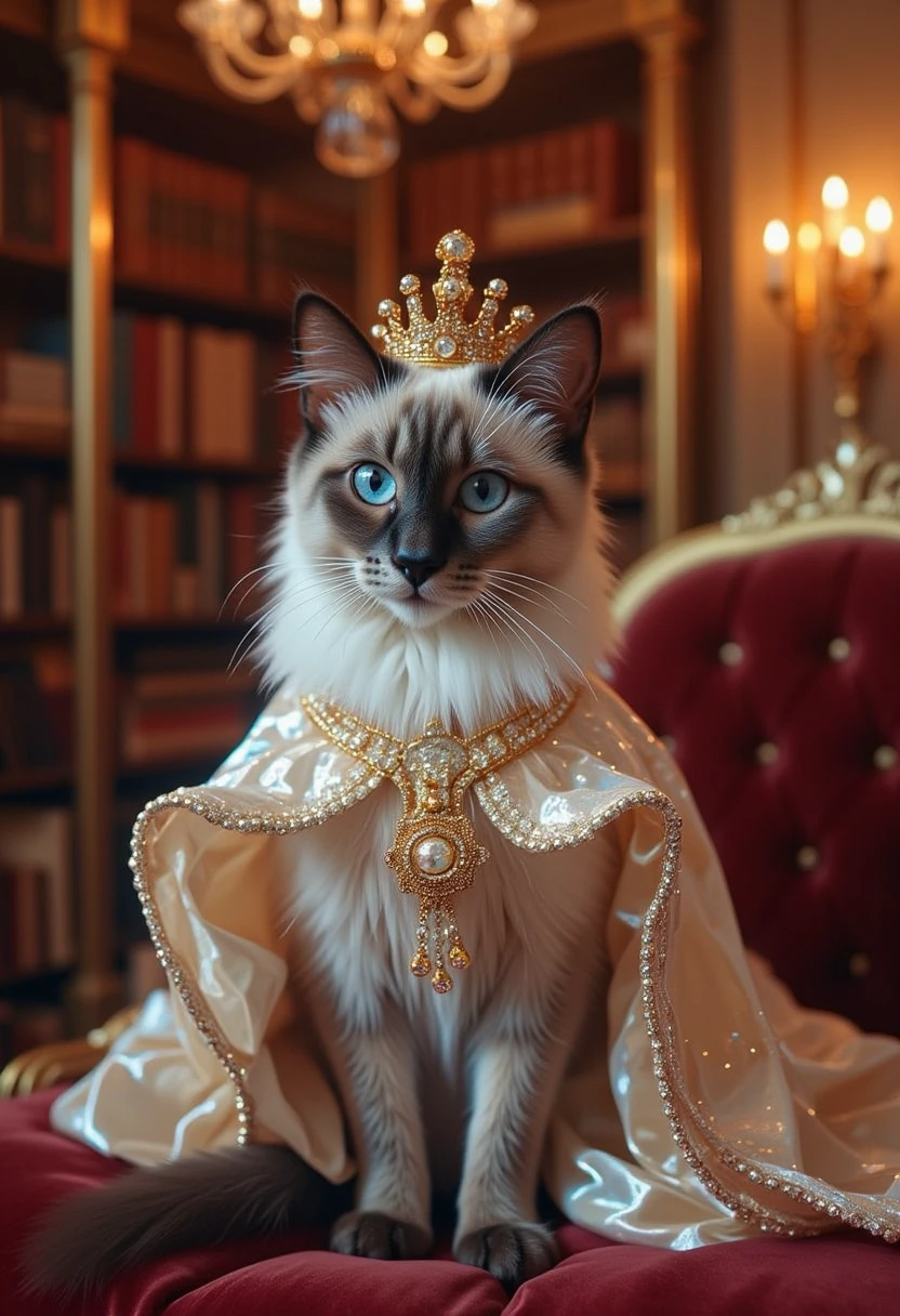 ((masterpiece)) ((photography)) ((Highest quality)) A close-up portrait of a regal Siamese cat with striking blue eyes and a soft, fluffy gray and white coat, adorned with an ornate golden crown encrusted with jewels, dressed in a aristocrat princess dress. The cat sits upright on a velvet cushion, gazing thoughtfully with a calm, aristocratic expression. The background features a blurred luxurious interior, with elegant drapery, chandeliers, and bookshelves filled with ancient tomes. Soft, warm lighting enhances the serene and royal atmosphere, emphasizing the cat's noble presence.