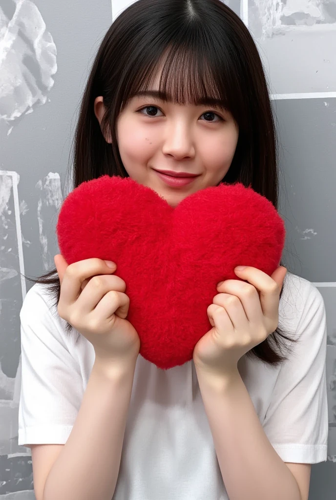  only one woman with a cute smile is cute,  fluffy off-shoulder pajamas,  make a big heart with both hands , Hold it in front of your chest , Looking above my collarbone 、 The background is a monotone   

